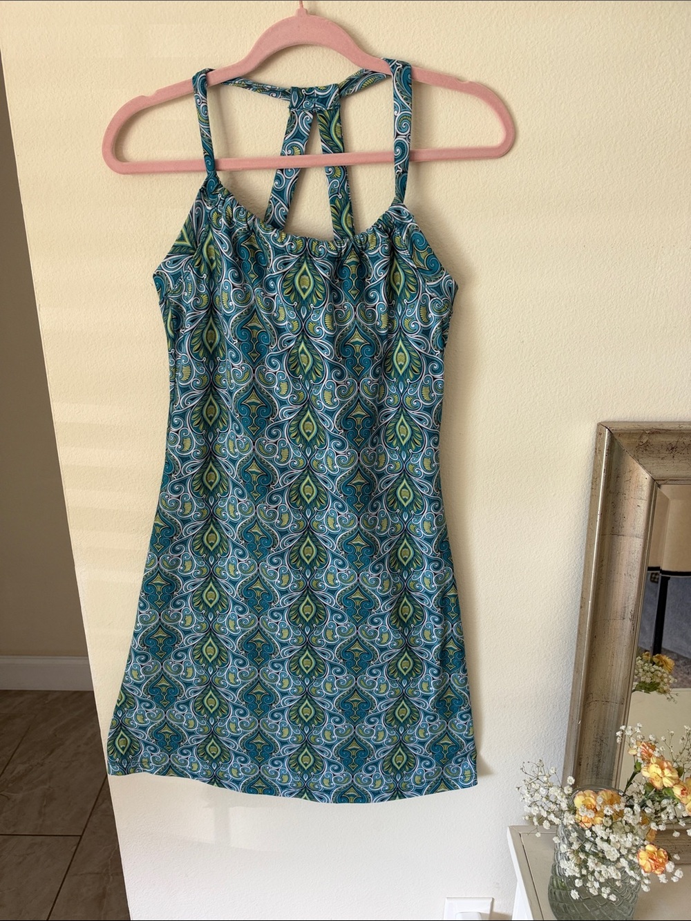 Prana blue green boho Quinn athletic built in bra mini outdoor dress S